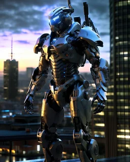 Full length image of a Cyberpunk Robot in a highly detailed and advanced armored suit, similar to the one shown but with even more intricate designs and cool features. The armor should have a sleek, futuristic look with glowing elements and enhanced gadgets visible on the suit. The setting is at dusk in an urban environment, with the character standing on a high-rise building overlooking a futuristic cityscape that reflects the advanced technology of the world they are protecting.