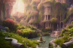 beautiful hyperrealistic secret flower garden in the middle of temple ruins, water fountain, birds flying, highly detailed, digital painting, trending artstation, concept art, illustration, cinematic lighting, vibrant colors, photorealism, epic, octane render