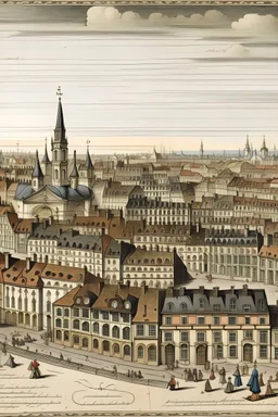 Panorama of a large town, with a town hall, a church, shops and historic tenement houses