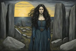 create a full body oil pastel of a dark haired, , raggedly dressed, savage vampire girl with highly detailed , sharply defined hair and facial features , in a dark circle of standing stones at dawn, in the Pre-Raphaelite style of JOHN WILLIAM WATERHOUSE