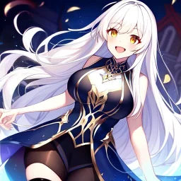 girl, masterpiece, best quality, volumetric lighting, detailed outfit, perfect eyes, white hair, golden eyes, long hair, black stockings, laughing,