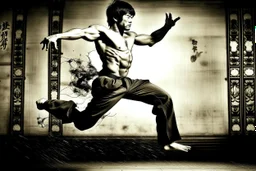 bruce lee,photo realism,in,his,prime,doing,flying,kick