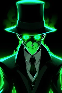 A anime character with a black fedora glowing green eyes a skeleton head with hands in a black suit suit