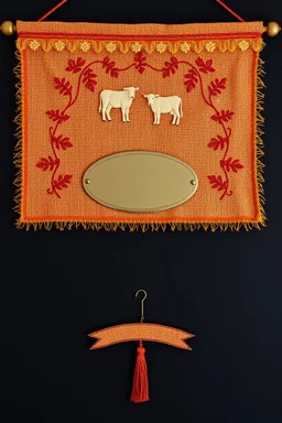 an autumn colored textured cloth banner hanging with embroidered ornamental leaves and cows, small blank oval brass engraving plate in upper middle, banner is downward pointed bottom, on dark background