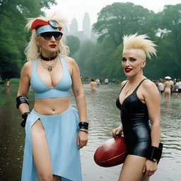 [photo by Evelyn Hofer] Tank Girl and Madonna as middle age ladies wearing swimsuits caught in a heavy summer rain in central park, happy with no inhibitions