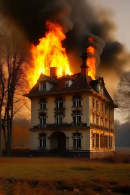 une grande maison, déjà brûlé à moitié, et continue de brûler avec de très grosse flammes, en campagne, quelques arbres autour, automne.