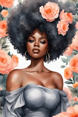 Create an watercolor image of a curvy black female wearing a grey off the shoulder blouse and she is looking down with Prominent makeup. Highly detailed tightly curly black afro. Background of large peach and grey flowers surrounding her