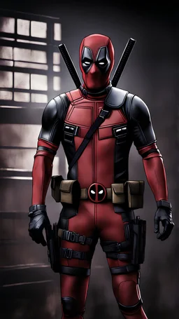Deadpool as Soldier in dark uniforms and assault rifles, ruined background, Realistic, Stylish, Assault vests, hdr, Intricate details, ultra - detailed, Cinematic, rim-light, danger atmosphere, hat