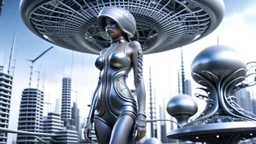 A slim young woman in a silver catsuit with circuitry, standing in a futuristic alien city holding a parasol shaped like a mushroom with tentacles