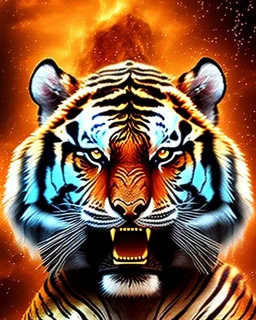 indian god, mighty tiger potrait in anger, with sharp eyers and strong weapons