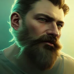 "MIddle aged white human male, with a trimmed but uneven beard, piercing green eyes with slick back hair head and shoulders portrait, 8k resolution concept art portrait by Greg Rutkowski, Artgerm, WLOP, Alphonse Mucha dynamic lighting hyperdetailed intricately detailed Splash art trending on Artstation triadic colors Unreal Engine 5 volumetric lighting Splash art fantasy"