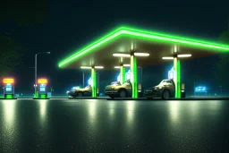  side of the road,gas station,night lighting,rainy, realistic, unity engine, cinematic lighting,green emession, octane render.