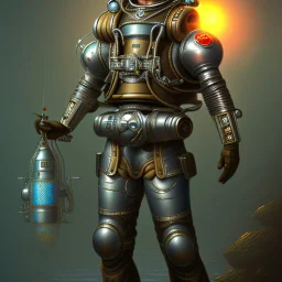 90's male retro scifi art of a steampunk diver with big armor