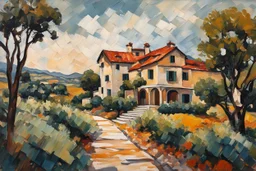 palette knife painting of a placid Spanish villa set amidst surrounding olive groves , in the Expressionist style of Egon Schiele, Oskar Kokoschka, and Franz Marc, highly detailed in muted natural colors with fine detail outlining and shading