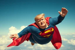 a thoroughly confused, frail, elderly and obese donald trump flying through the air dressed as superman