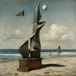 Odd sculpture, beach, Max Ernst