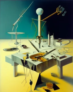 human body, universe-like table,complex surgical instruments mixed with human body-like musical instruments,minimalism,Painting By Adrian Ghenie, Rene Magritte, Salvador Dali, Lucian Freud