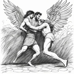 [a chaotic pen sketch with a lot of strokes in stippling] Jacob wrestling with angel
