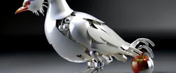 A robotic chiken with an Apple logo called “iBots”, suggesting it’s made from an Apple product’s casing. Its glossy white and silver limbs are mechanically jointed, reflecting a scarabet’s anatomy. The design is a creative fusion of technology and organic form, compactly labeled “ibots.” Hyper detailled, hyper realistic, 4K, sharp render