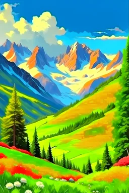Real swiss mountain landscape, Joy happiness colorfully, hyper real,