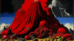 A dark red volcano with crashing meteors designed in Moai statues painted by Thomas Hart Benton