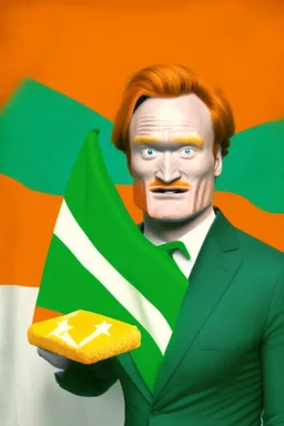 Conan O'Brien with bright orange hair holding orange cheese. "Esperanto flag in background". Green-flag-with-white-star. Green flag in background