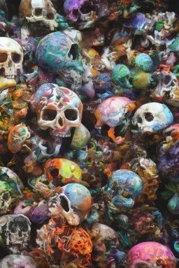 a picture of a dark, comedic, anatomically correct wall of colorful tightly packed skulls of varying sizes and expressions, photo realistic, insanely meticulous, highly detailed, part of a collection of bones on display, 64k, dystopian, vray