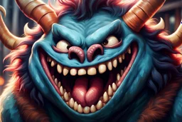 closeup of a maniacal grinning monster's face, big teeth, tusks, fur, bumps and curled horns, my pet monster inspiration, urban character design