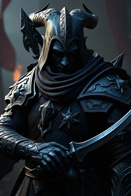 drow male knight, d&d character art masculine features, with daggers light armour and a bow, deep coal-gray skin, 8k, 3d cgi, unreal engine 6, high detail, intricate, cinematic battle background