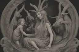 baphomet, attractive woman with head of a goat, holding a human child, virgin mary composition