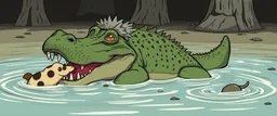 anime crocodile hippo with fluffy hair, doing dog things and eating small dog in the style of fallout 4 and giger and escher