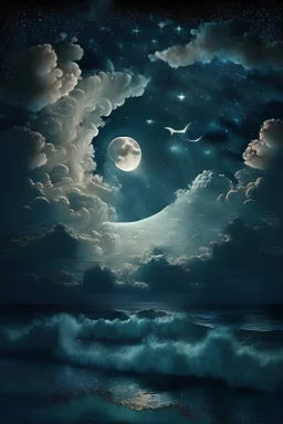 stars with clouds waves enchanted moon