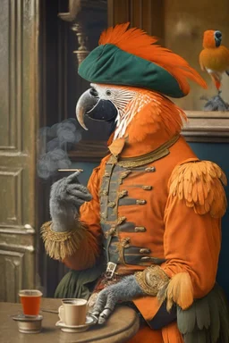 Half parrot half human in a 1700s Orange Dutch uniform smoking a cigarette in a Dutch cafe