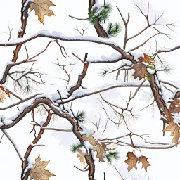detailed Real Tree Camouflage made of sticks, twigs, tree bark, dried oak leaves, pine branches, snow and dirt, white background, seamless repeatable texture pattern imitating a natural forest background