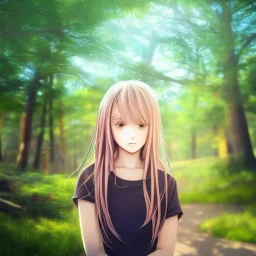 Insanely portrait of beautiful girl day, sunny, relaxing, sea, trees, real details, hyper photo realistic, anime style, glowing forest, 8k