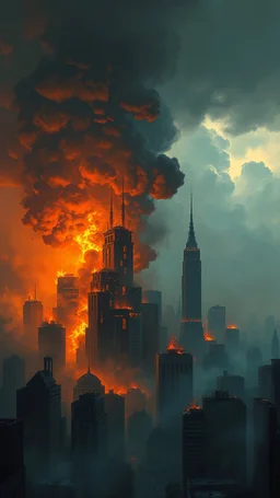 City is completely destroyed by fire in sad theme clouds and sturdy weather in Bsosh nightmares style painting