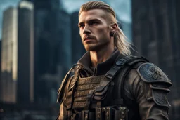 photorealistic hyperdetailed portait of 20-year-old german male, as mercenary with long blonde undercut hair, tribal tattoos and neatly trimmed beard wearing modern mercenary uniform fantasy dark cityscape