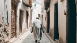 Rear view of an elderly Moroccan walking in a Moroccan alley with white walls