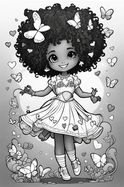 create a coloring page of a chibi girl with a curly afro ponytails dancing around hearts and butterflies. she smilies while shes playing, black and white