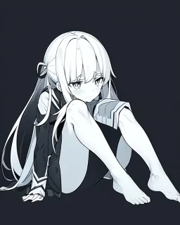 emotionless, numb, black and white, anime girl sitting with black background