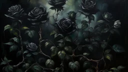 A hauntingly beautiful oil painting depicting black roses blooming in the garden of eternal oblivion