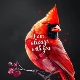 Bing: a vibrant digital chalk sketch painting featuring a double exposure image of a beautiful majestic red cardinal, ultra-detailed, within the body of the cardinal is a heart with the words "I AM ALWAYS WITH YOU" in a beautiful script