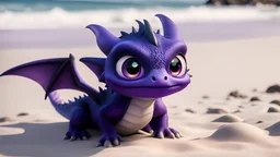 a cute black and burple baby dragon with cute and big eyes shooting purple laser in real life on a beach from the movie How to Train Your Dragon