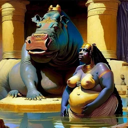 scene from Egyptian mythology. The hippopotamus goddess Tavaret. She has the body of a woman and the head of a hippopotamus.