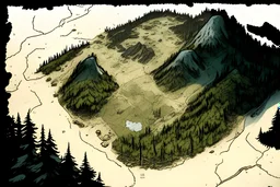 a map, top view of a forest, a hill, mountain,, comic book, post -apocalypse, gray