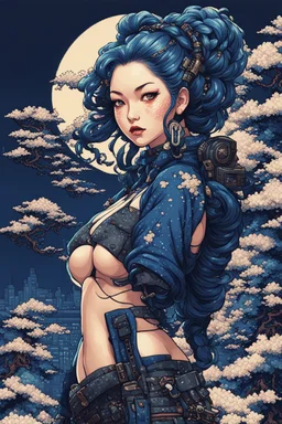 8bits, Pixel Art, beautiful cyberpunk huge girl, hyperdetailed, illustration by Katsushika Hokusai, darkblue tones,