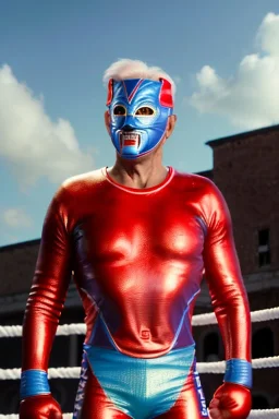 realistic image of joe biden as a mexican wrestling fighter posing, Mexican eyes wrestling mask, red and blue breeches, retro style, 80s, vibrant color, highly detailed, sky background, concept art, unreal engine 5, god rays, ray tracing, RTX, lumen lighting, ultra detail, volumetric lighting, 3d, finely drawn, high definition, high resolution.