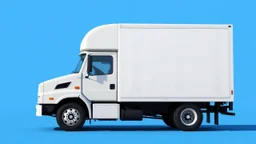 side profile of a white generic North American medium commercial truck with oversized cube box, blue background, Pixar comedic