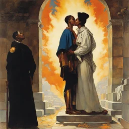 [art by Norman Rockwell] With newfound determination burning in his eyes, Roupinho stepped back, his gaze lingering on the statue of the Black Madonna. Leaving the grotto, Roupinho emerged into the world, his heart aflame with the divine spark that had been ignited within him. And so, the knight set forth on his sacred quest, his destiny intertwined with the miraculous presence of the Black Madonna of Nazaré. The echoes of his pledge reverberated through the hallowed halls of his soul, ignitin