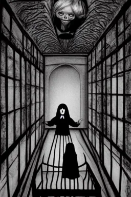 Wednesday Adams in 3d scary dark room Escher style